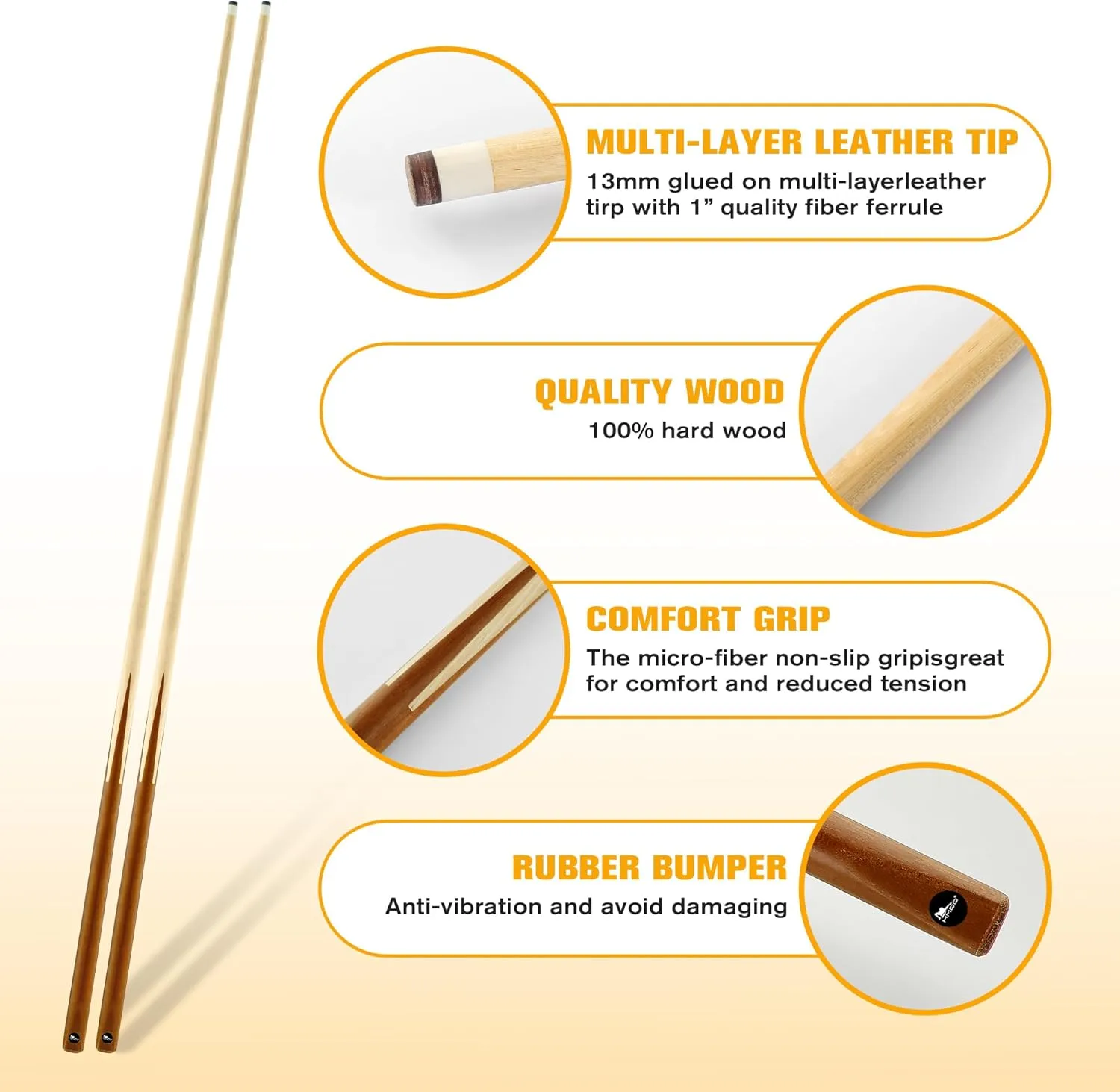 58 One Piece Pool Cue Stick with 13MM Leather Tip, Professtional Billiards Cue Stick for Adult, Set of 4/6, Black/Nature Wood Grain Color
