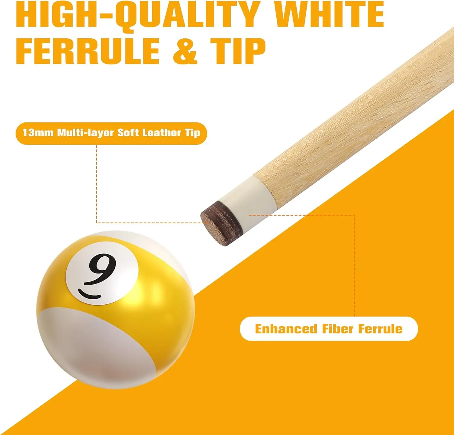 58 One Piece Pool Cue Stick with 13MM Leather Tip, Professtional Billiards Cue Stick for Adult, Set of 4/6, Black/Nature Wood Grain Color
