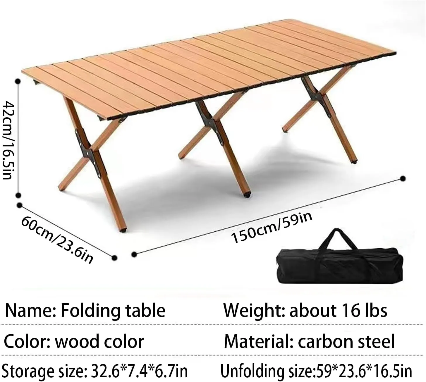 59 Inch Foldable Camping Table, Lightweight Portable Low Picnic Table with Carry Bag, Roll-Up Design for Outdoor, Patio, Beach, Garden, BBQ