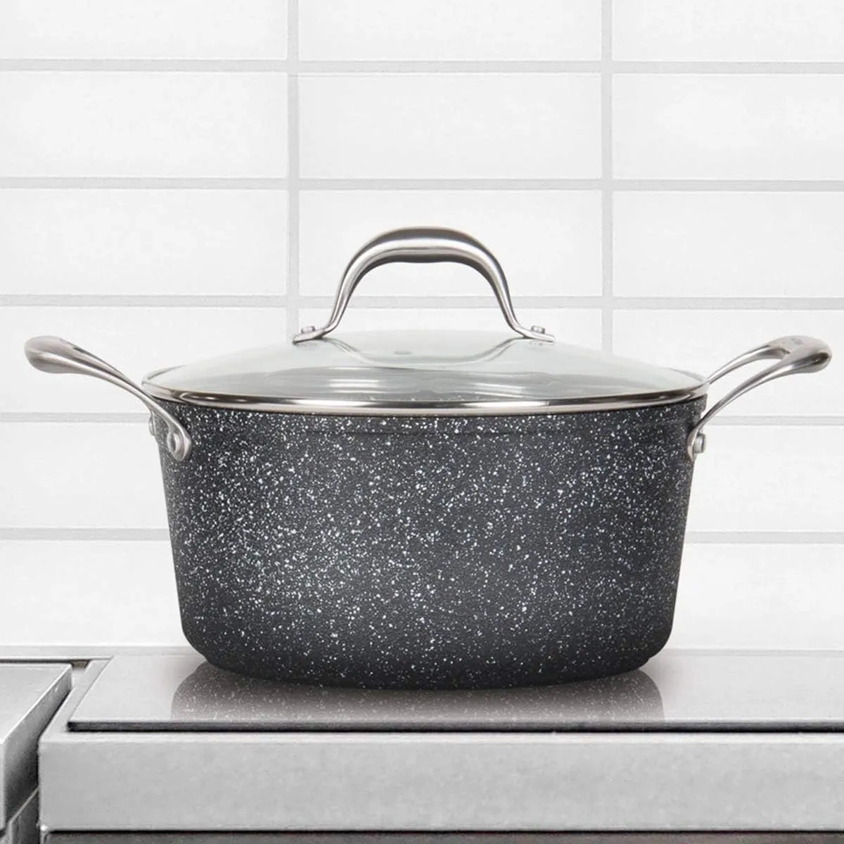 5QT Ultra Non-Stick Cast Aluminum Stock Pot with Glass Lid, 5 Quart, Granite Series