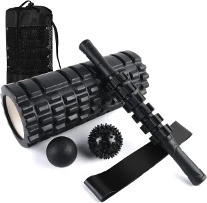 6 in1 Foam Roller Set, High Density Deep Tissue Massager, Yoga Stick, Fixation Ball, Massage Ball, Fitness Stretching Strap, Carrying Bag, Towel, Foam Roller for Deep Muscle Massage Pilates Yoga