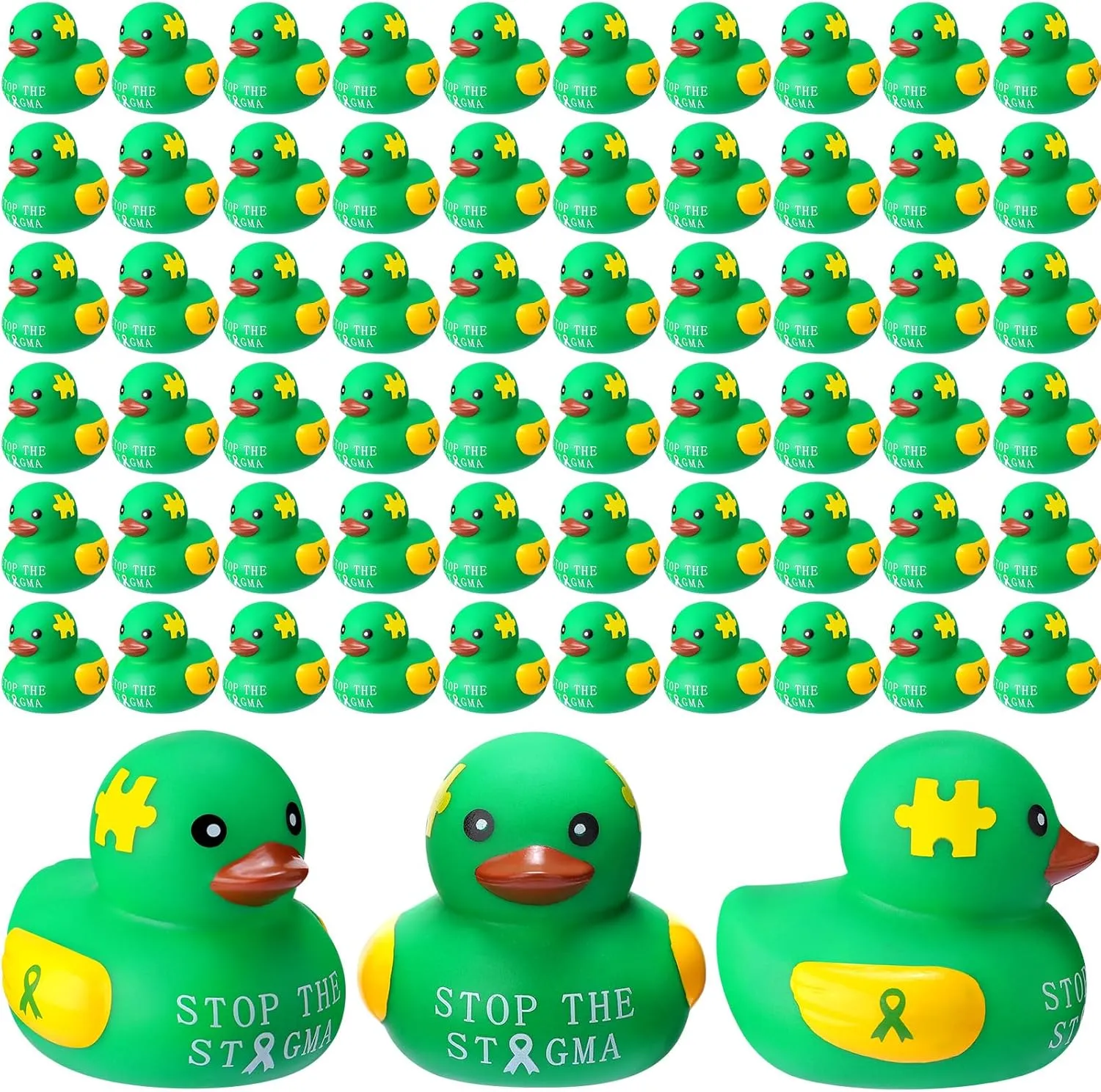 60 Pcs Mental Health Gifts Rubber Duck Mental Health Awareness Items with Green Ribbon Duck Bulk Gifts for Friend Family Students Coworkers Fundraiser and Toys Stop The Stigma