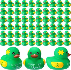 60 Pcs Mental Health Gifts Rubber Duck Mental Health Awareness Items with Green Ribbon Duck Bulk Gifts for Friend Family Students Coworkers Fundraiser and Toys Stop The Stigma