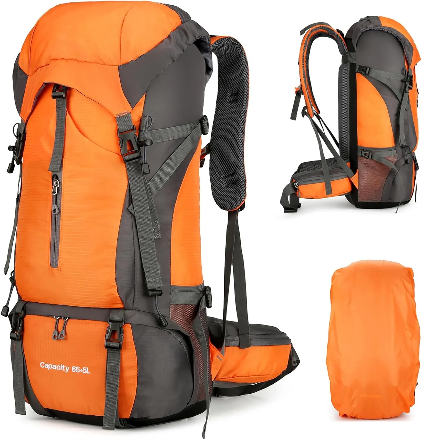 65L 5L Hiking Camping Backpack for Men and Women, Lightweight Outdoor Sport Travel Daypack 70L Rucksack for Climbing Touring Ultralight High-Capacity with Waterproof Rain Cover (Orange)