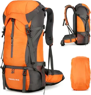 65L 5L Hiking Camping Backpack for Men and Women, Lightweight Outdoor Sport Travel Daypack 70L Rucksack for Climbing Touring Ultralight High-Capacity with Waterproof Rain Cover (Orange)