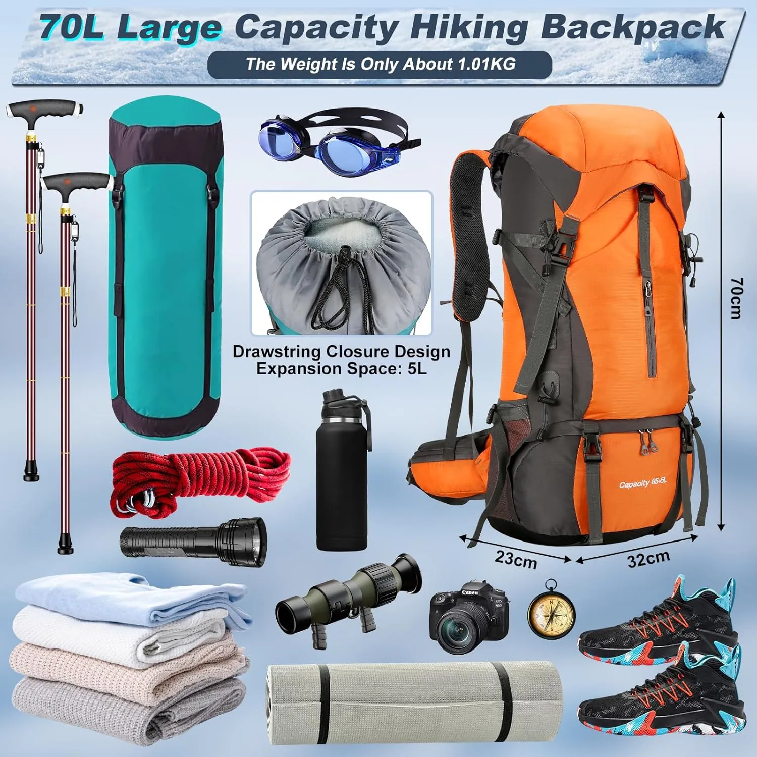 65L 5L Hiking Camping Backpack for Men and Women, Lightweight Outdoor Sport Travel Daypack 70L Rucksack for Climbing Touring Ultralight High-Capacity with Waterproof Rain Cover (Orange)