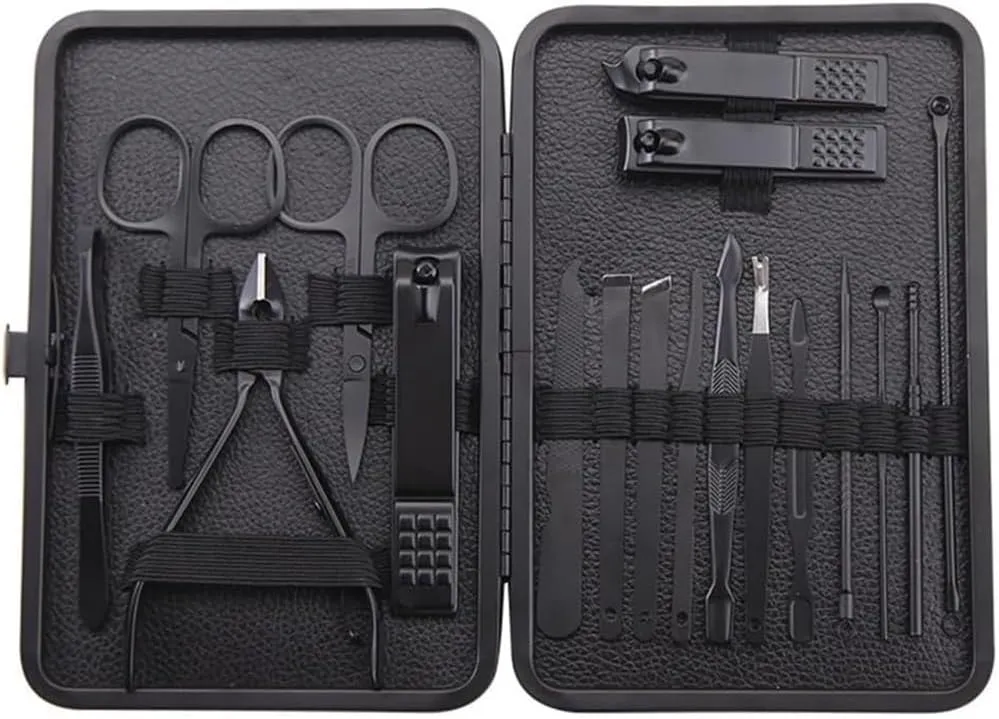 7 Piece Stainless Steel Black Nail Clippers Set Pedicure Cutter Leather Pliers Eyebrow Clip File Grooming Tools