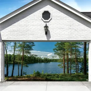 7x16ft Forest Lake Garage Door Decorations Park Lakeside Green Trees Natural Scenery Banner Background Countryside Spring Summer Outdoor Picnic Camping Hiking Decor Kids Adults Portrait Props
