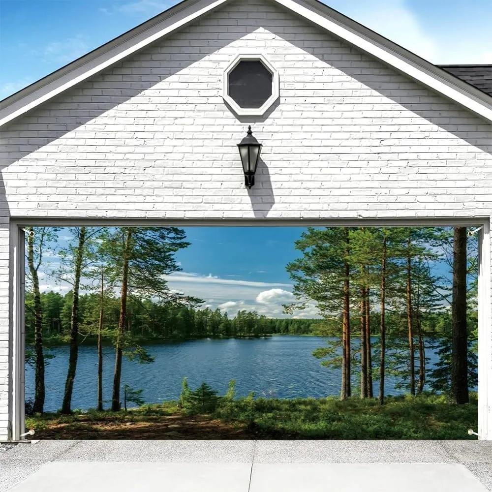 7x16ft Forest Lake Garage Door Decorations Park Lakeside Green Trees Natural Scenery Banner Background Countryside Spring Summer Outdoor Picnic Camping Hiking Decor Kids Adults Portrait Props