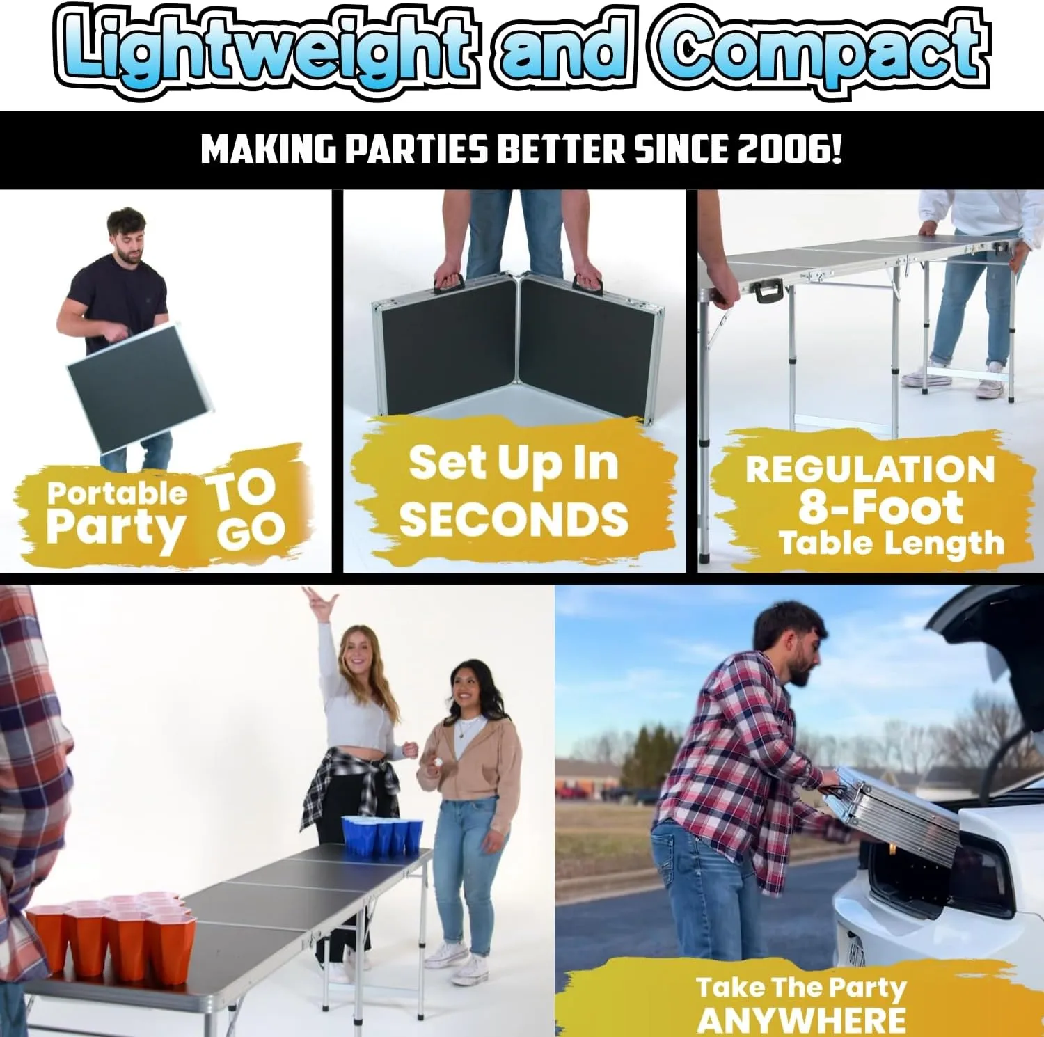 8-Foot Regulation Length Folding Table w/Optional Cup Holes, LED Lights, Custom Graphic (Choose Your Model)
