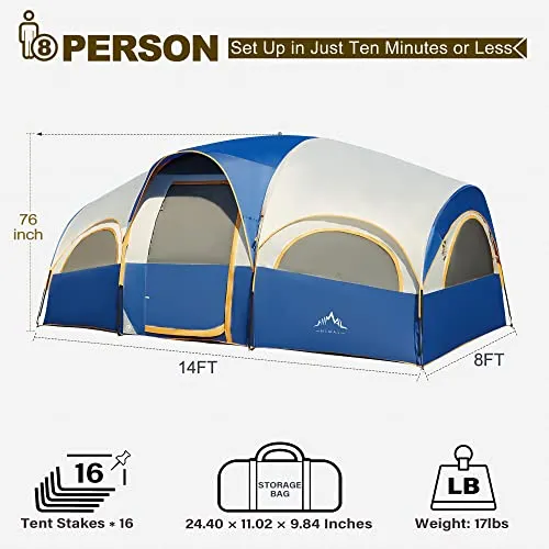 8 Person Tent for Camping w/ Carry Bag,Waterproof Windproof Family Tent w/ Rainfly