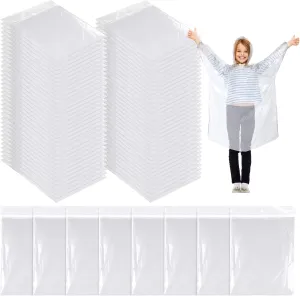 80 Pcs Disposable Rain Ponchos for Kids Bulk Thicker Emergency Plastic Raincoats with Drawstring Hood Elastic Sleeves