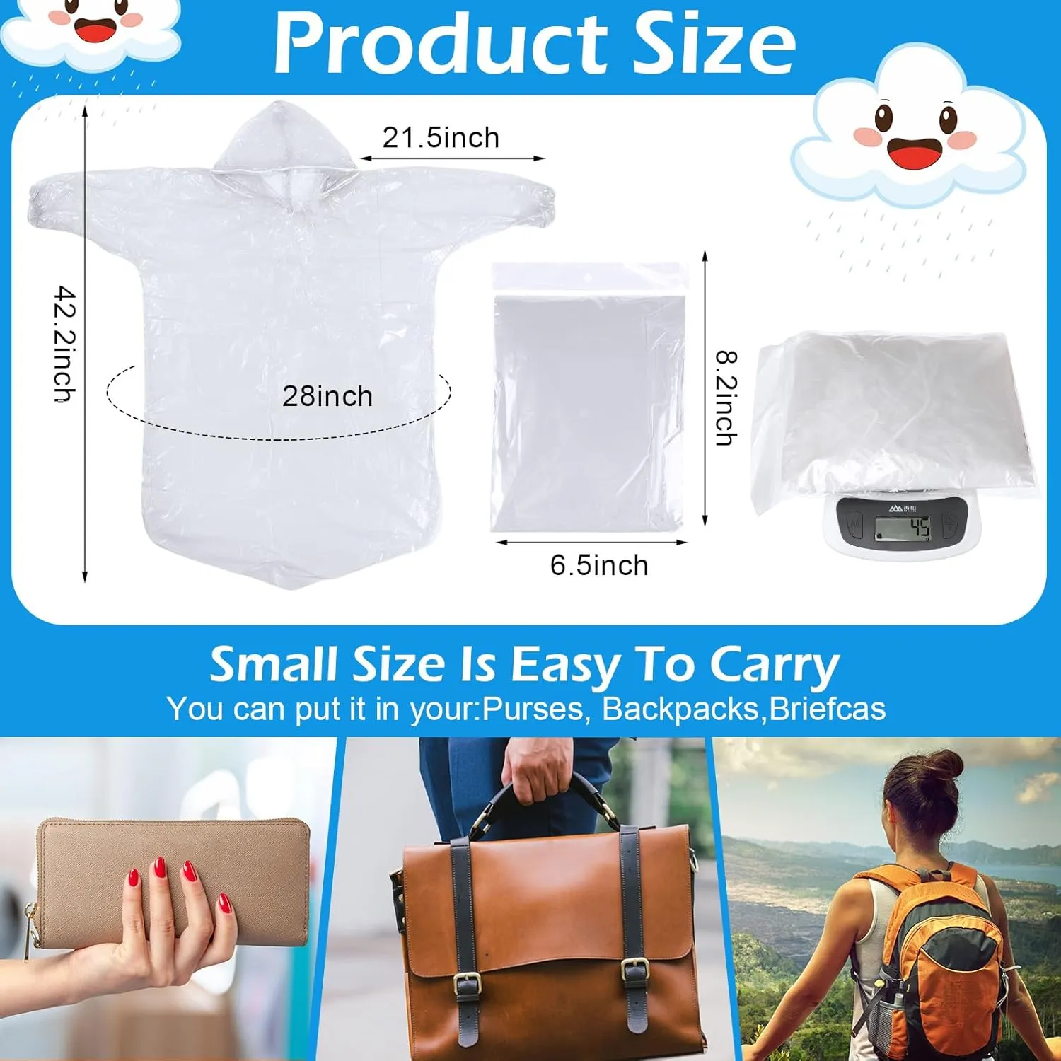 80 Pcs Disposable Rain Ponchos for Kids Bulk Thicker Emergency Plastic Raincoats with Drawstring Hood Elastic Sleeves
