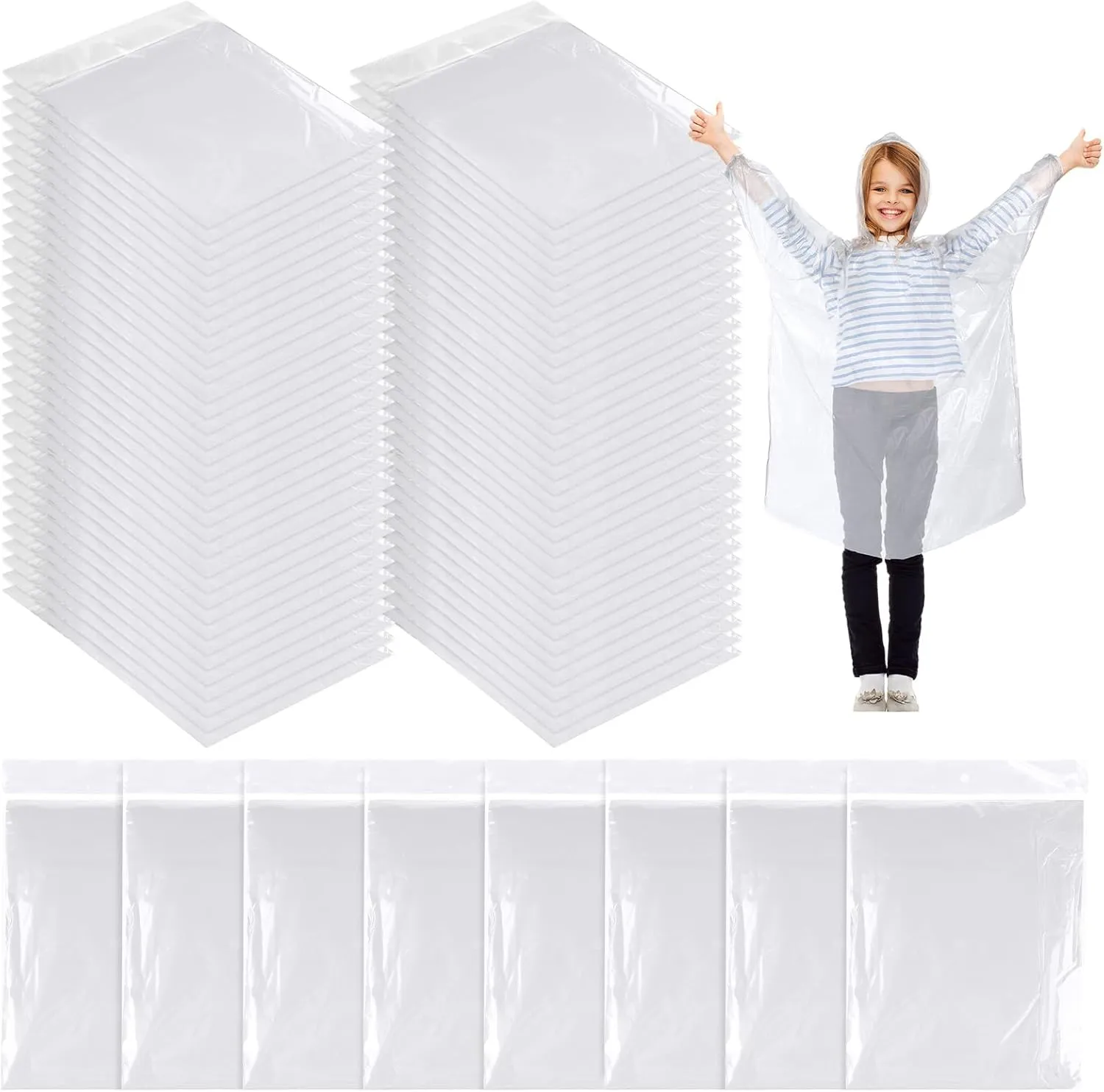 80 Pcs Disposable Rain Ponchos for Kids Bulk Thicker Emergency Plastic Raincoats with Drawstring Hood Elastic Sleeves