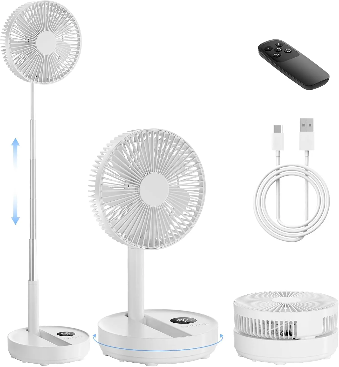 8" Portable Oscillating Standing Fan, 8000mAh Rechargeable Pedestal Fan with Remote, Foldable Quiet Travel Fan, 8H Timer, Height Adjustable, Floor & Desk fan for Bedroom, Camping, Office