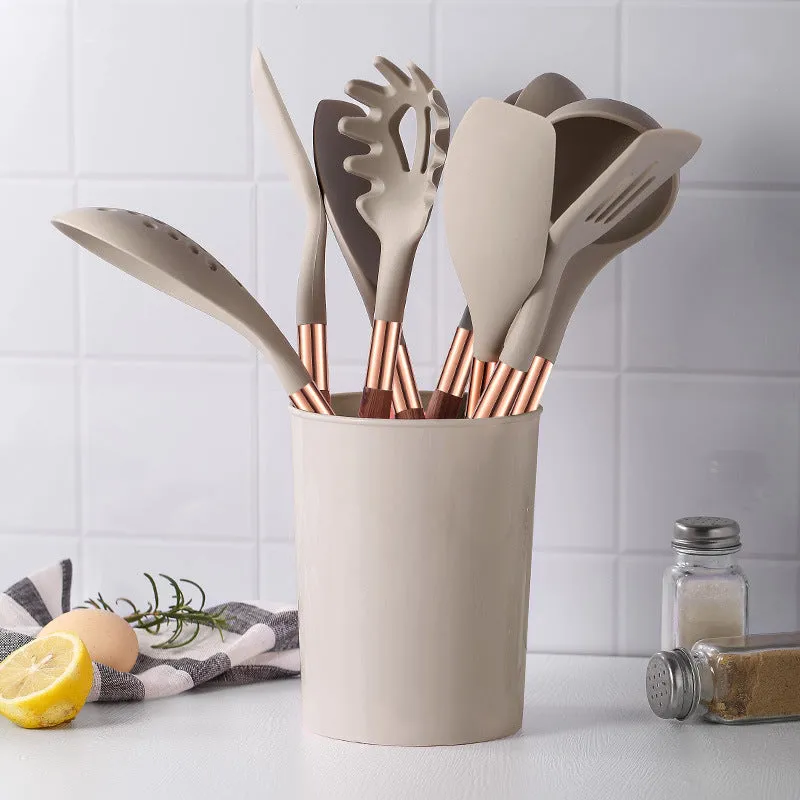 9-Piece Silicone Scoop and Shovel Kit with Wooden Handles – Non-Stick, Heat-Resistant Cooking Utensils