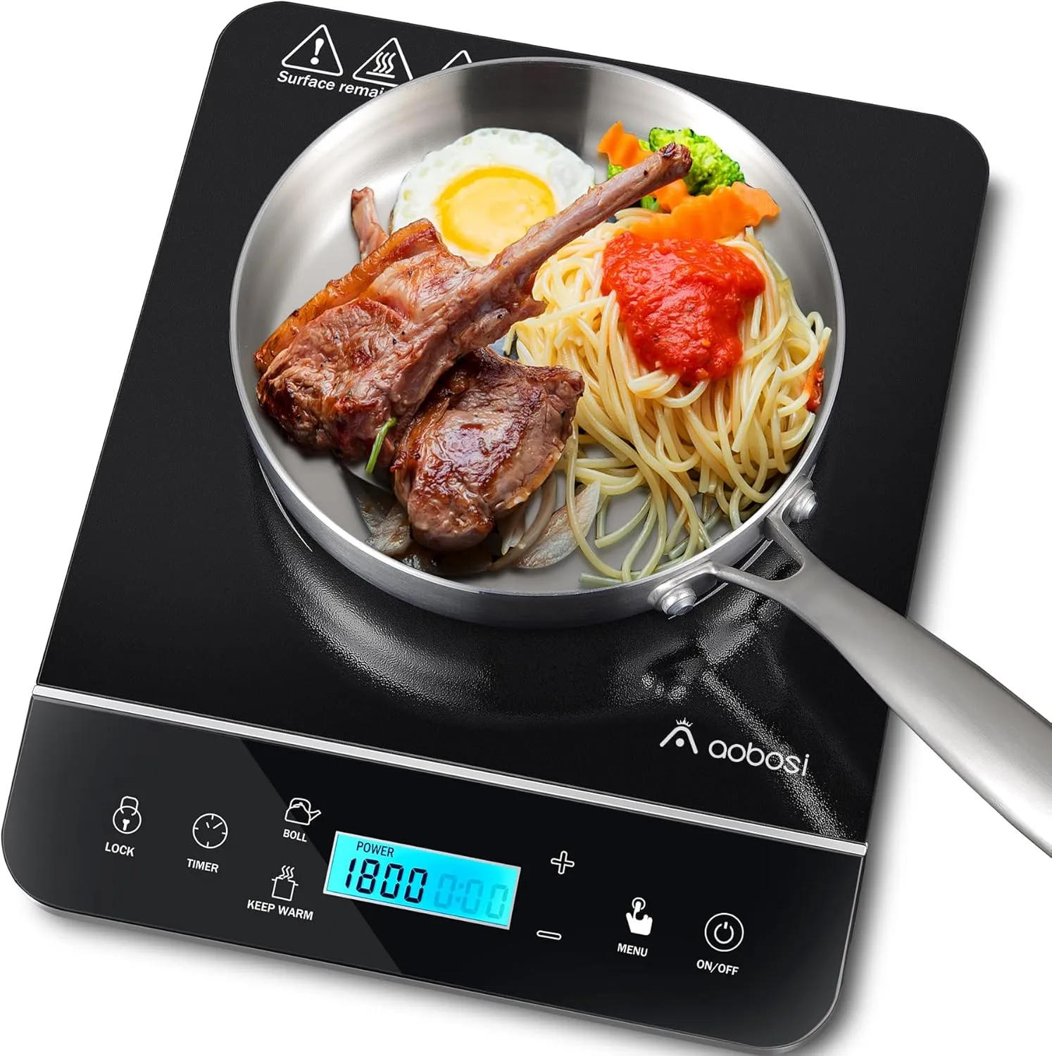 AAOBOSI Portable Cooktop, 1800W Induction Cooker with LCD Sensor Touch, Child Safety Lock & 10H Timer, 9 Power 10 Temperature Settings