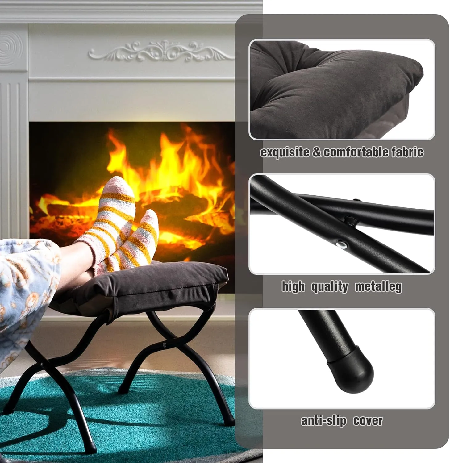 AbocoFur 15"(H) Folding Footrest Stool, Accent Padded Sofa Foot Stool for Lazy Chair, Upholstered Small Foldable Ottoman, Metal Frame Portable Foot Rest Ottoman for Living Room, Bedroom, Smoky Grey