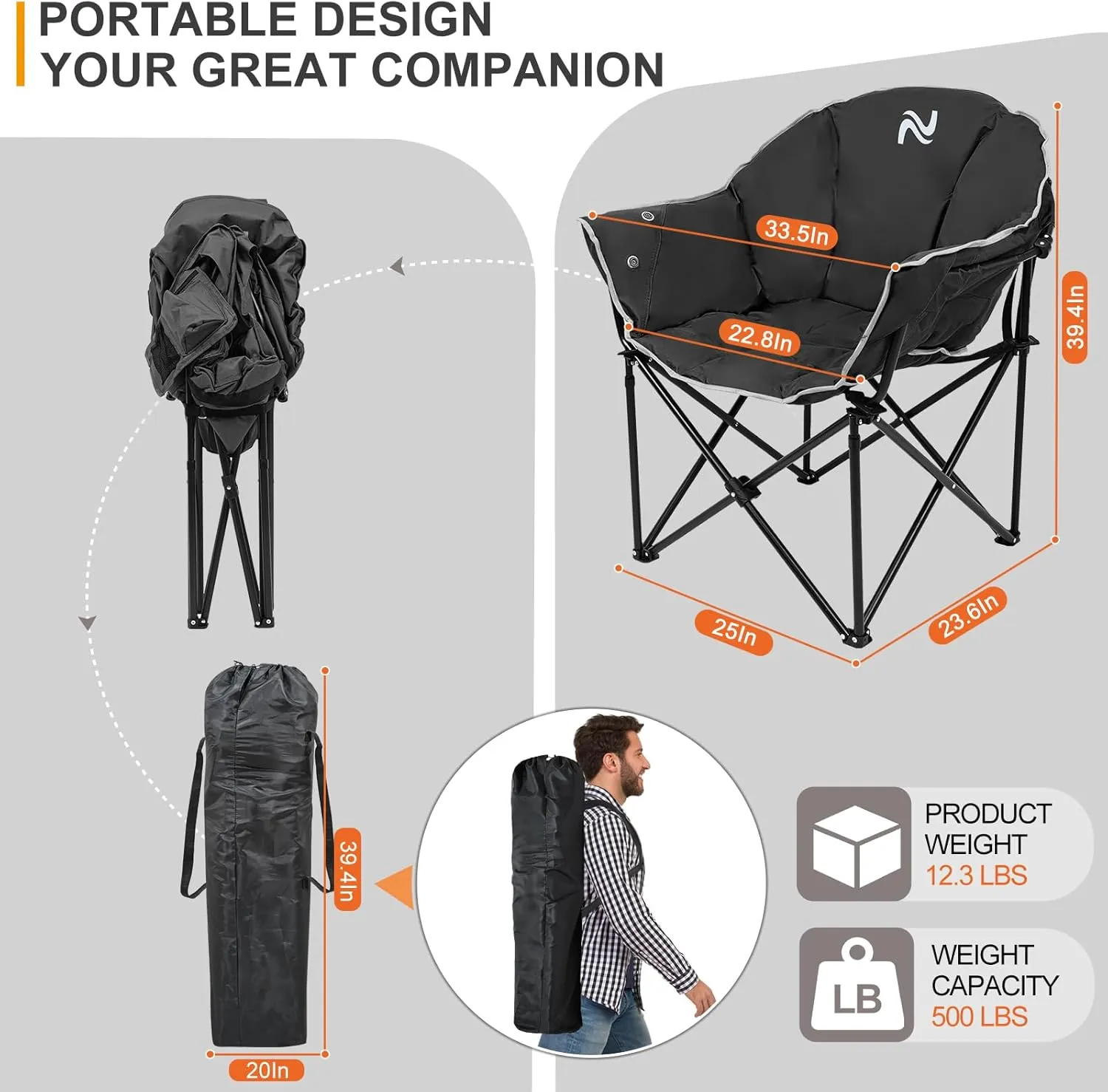 ABORON Oversized Camping Chair, Outdoor Chairs with Side Pocket, Heavy Duty Outside Couch, Folding Cotton Padded Chair Seat for Sports, Patio