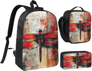 Abstract Red Dragonfly print Backpack 3pcs Set Including 17 Inch Large BookBag With Lunch Bag And Practical Pen Bag