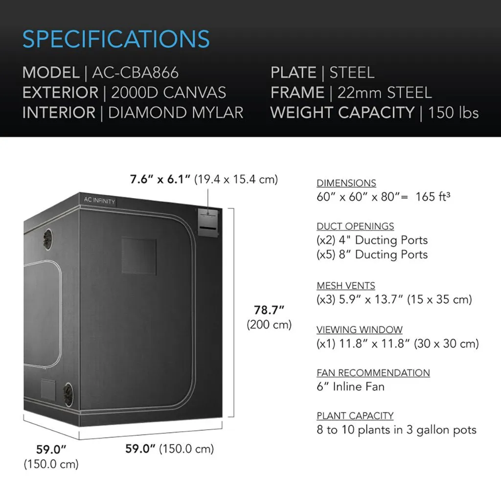 AC Infinity Cloudlab 866 Grow Tent 5X5 1.5m x 1.5m