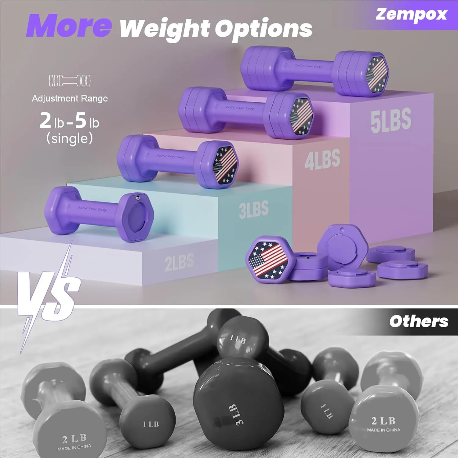 Adjustable Dumbbell Set of 2, 4 in 1 Hand Weights for Women at Home, 5 lb Weights Dumbbells set of 2, Each 2lb 3lb 4lb 5lb with TPU Soft Rubber Handle for Home Gym Exercise Training