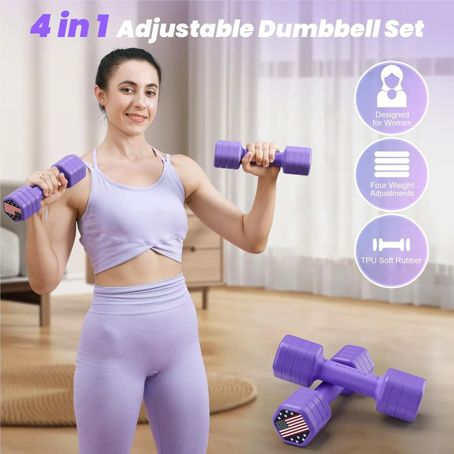 Adjustable Dumbbell Set of 2, 4 in 1 Hand Weights for Women at Home, 5 lb Weights Dumbbells set of 2, Each 2lb 3lb 4lb 5lb with TPU Soft Rubber Handle for Home Gym Exercise Training