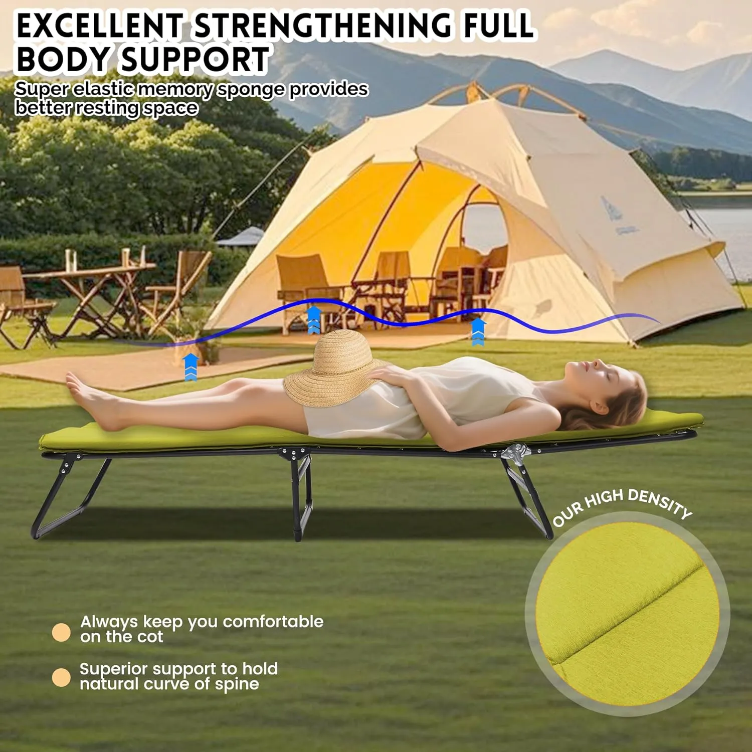 Adjustable Folding Camping Cot for Adults – Heavy Duty 5-Position Outdoor Bed with Cushion & Pillow, 1200D Oxford Fabric, Portable Lounge Chair with Carry Bag for Travel, Camping, Patio Use (Green)