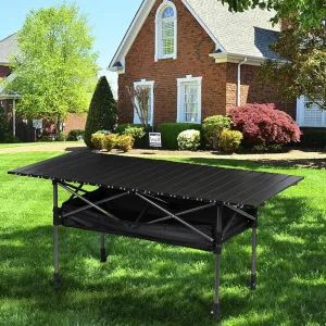 Adjustable Height (19.7"-31.52") Aluminum Camping Table, Folding Portable Outdoor Table, with Large Storage Organizer and Carrying Bags, Upgrade Collapsible Picnic Table Black