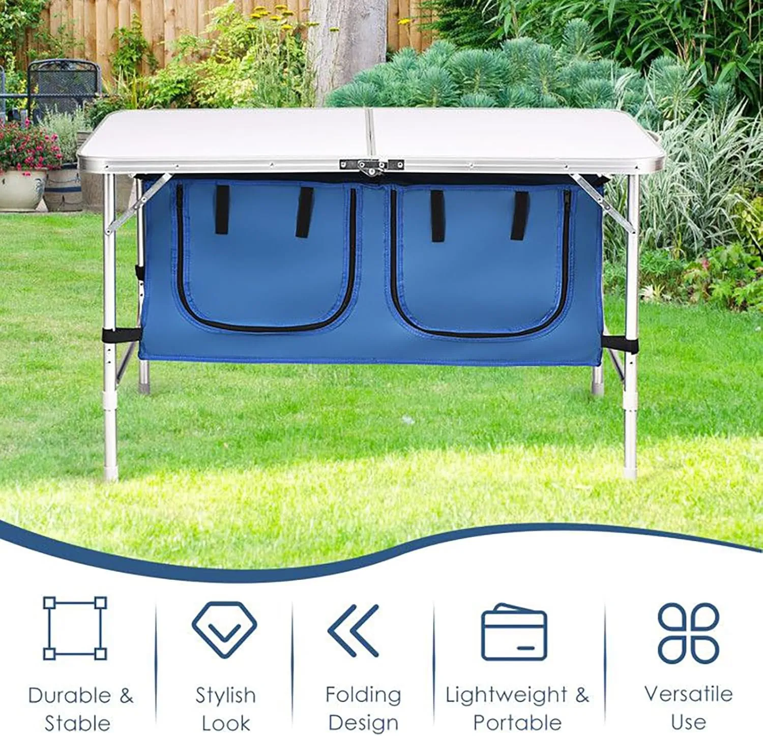 Adjustable Height Folding Camping Table Portable Outdoor Picnic Desk with Storage Lockers Lightweight Aluminum Frame for Camping Hiking Beach
