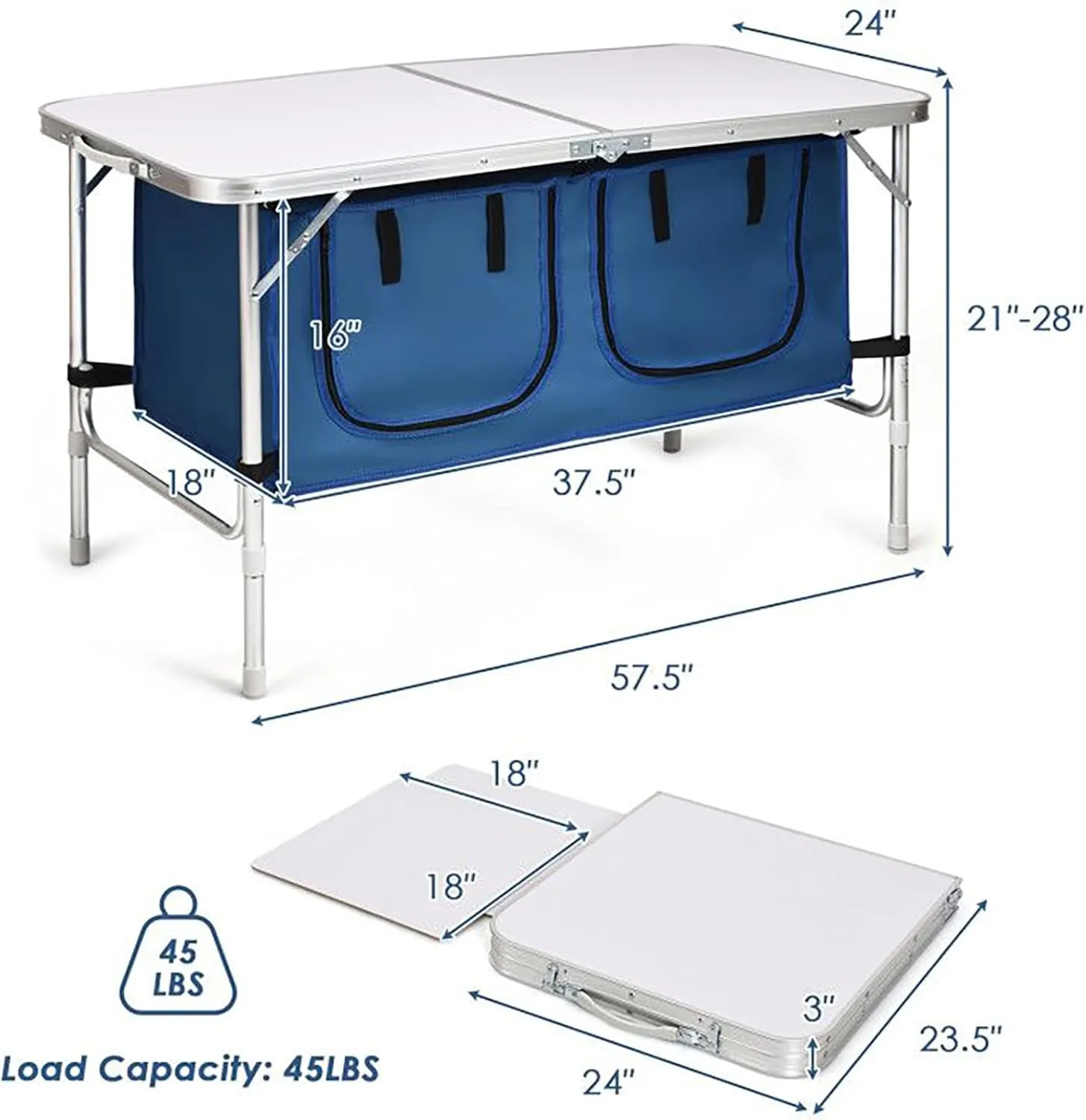 Adjustable Height Folding Camping Table Portable Outdoor Picnic Desk with Storage Lockers Lightweight Aluminum Frame for Camping Hiking Beach