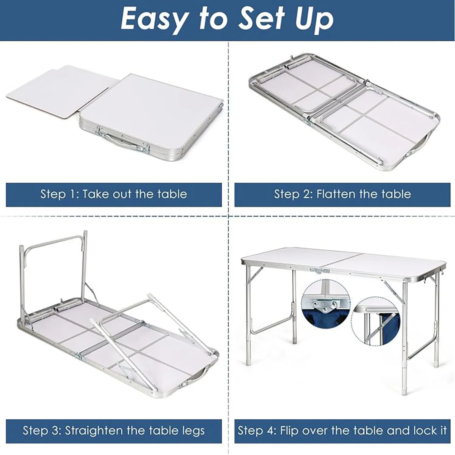 Adjustable Height Folding Camping Table Portable Outdoor Picnic Desk with Storage Lockers Lightweight Aluminum Frame for Camping Hiking Beach