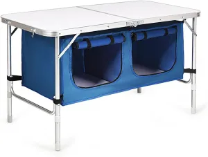 Adjustable Height Folding Camping Table Portable Outdoor Picnic Desk with Storage Lockers Lightweight Aluminum Frame for Camping Hiking Beach