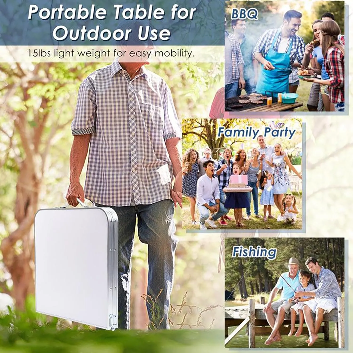 Adjustable Height Folding Camping Table Portable Outdoor Picnic Desk with Storage Lockers Lightweight Aluminum Frame for Camping Hiking Beach