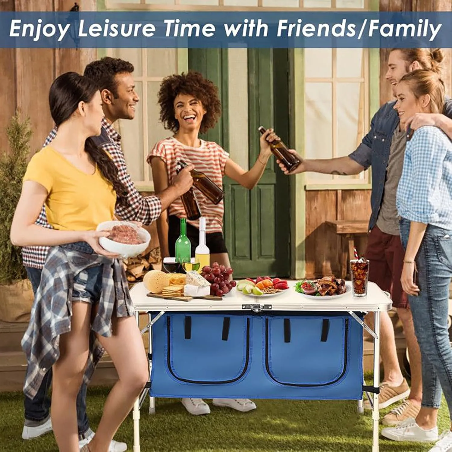 Adjustable Height Folding Camping Table Portable Outdoor Picnic Desk with Storage Lockers Lightweight Aluminum Frame for Camping Hiking Beach