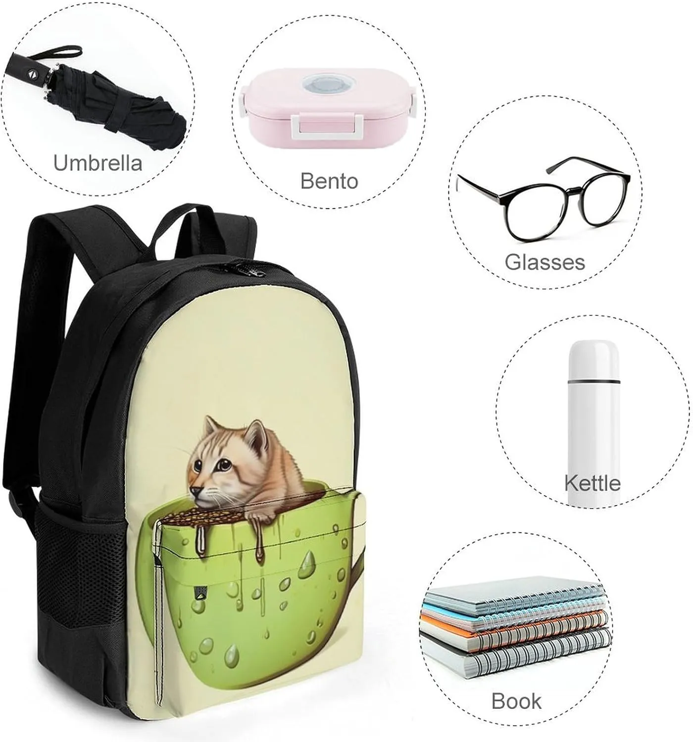 Adorable Cat And Coffee Art Daypack Lightweight Multipurpose Anti-Theft Shoulder Bag Large Capacity Laptop Book Bag Rucksack With Adjustable Shoulder Straps