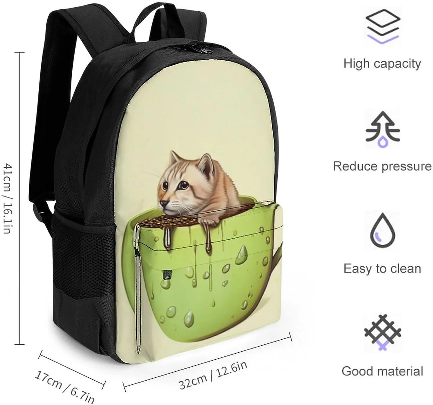 Adorable Cat And Coffee Art Daypack Lightweight Multipurpose Anti-Theft Shoulder Bag Large Capacity Laptop Book Bag Rucksack With Adjustable Shoulder Straps