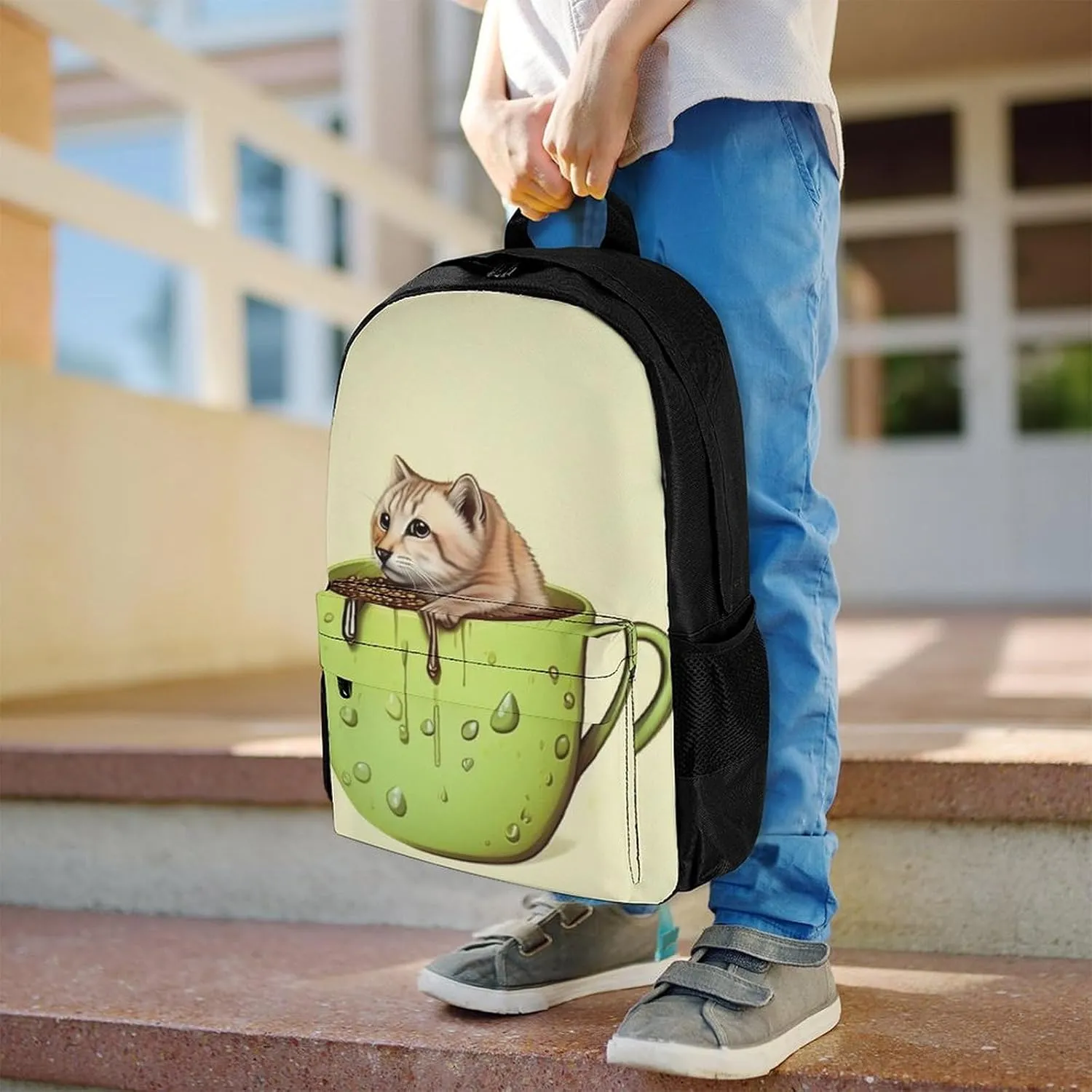 Adorable Cat And Coffee Art Daypack Lightweight Multipurpose Anti-Theft Shoulder Bag Large Capacity Laptop Book Bag Rucksack With Adjustable Shoulder Straps