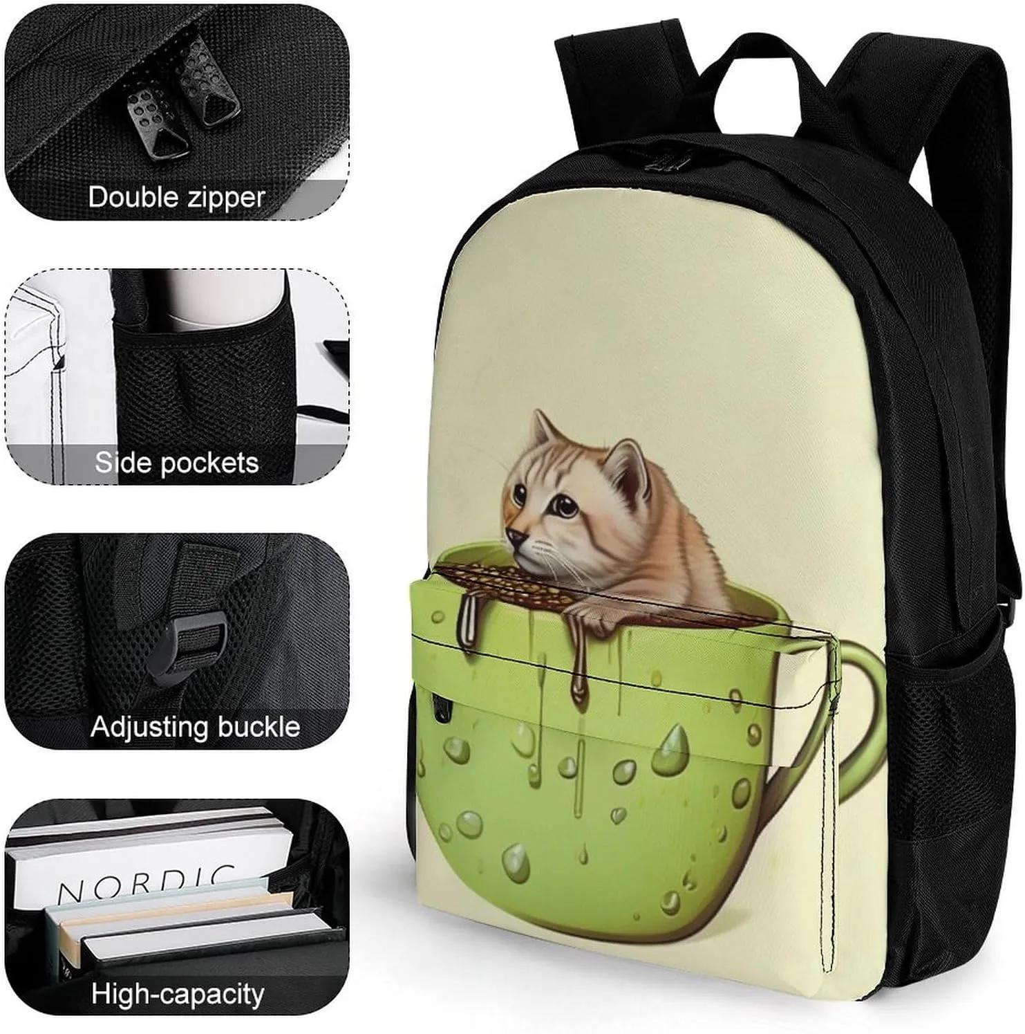 Adorable Cat And Coffee Art Daypack Lightweight Multipurpose Anti-Theft Shoulder Bag Large Capacity Laptop Book Bag Rucksack With Adjustable Shoulder Straps