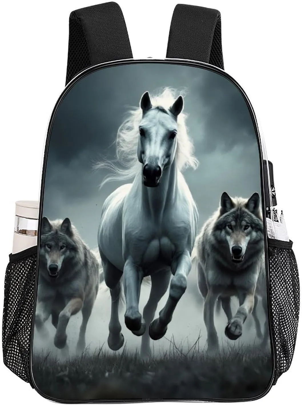 Adults Lightweight Black And White Running Wild Horse Wolves Shoulder Book Bags Big Capacity Shoulder Bag Transparent Bag for Trekking Work Walking Cycling
