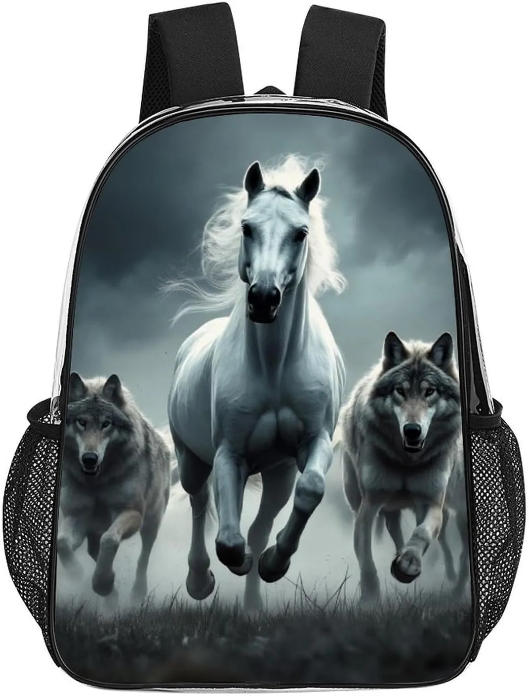 Adults Lightweight Black And White Running Wild Horse Wolves Shoulder Book Bags Big Capacity Shoulder Bag Transparent Bag for Trekking Work Walking Cycling