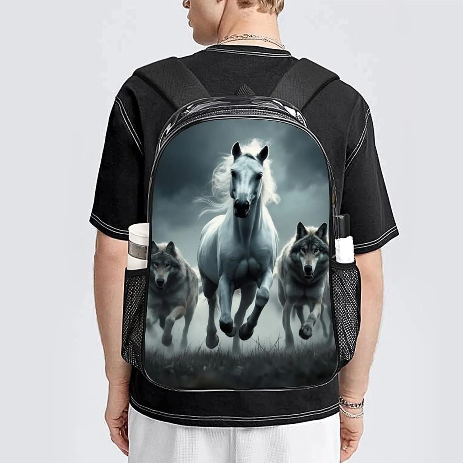 Adults Lightweight Black And White Running Wild Horse Wolves Shoulder Book Bags Big Capacity Shoulder Bag Transparent Bag for Trekking Work Walking Cycling