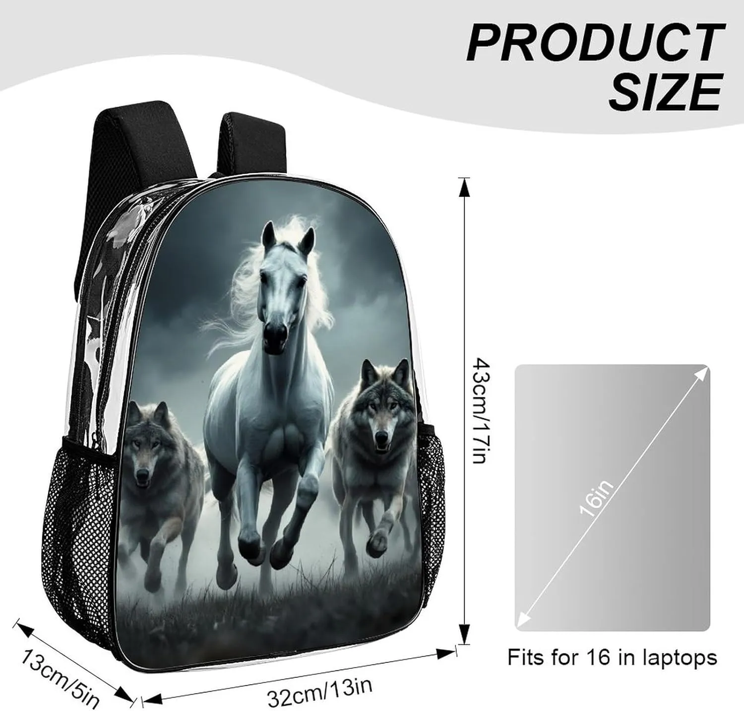 Adults Lightweight Black And White Running Wild Horse Wolves Shoulder Book Bags Big Capacity Shoulder Bag Transparent Bag for Trekking Work Walking Cycling