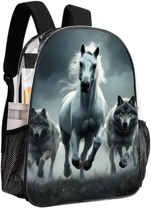 Adults Lightweight Black And White Running Wild Horse Wolves Shoulder Book Bags Big Capacity Shoulder Bag Transparent Bag for Trekking Work Walking Cycling
