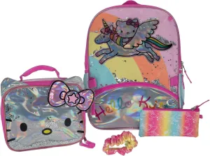 AI ACCESSORY INNOVATIONS Hello Kitty 4 Piece Backpack Set, Girls Unicorn School Bag with Front Zip Pocket & Mesh Side Pockets, Feature Star Shaker Sequins
