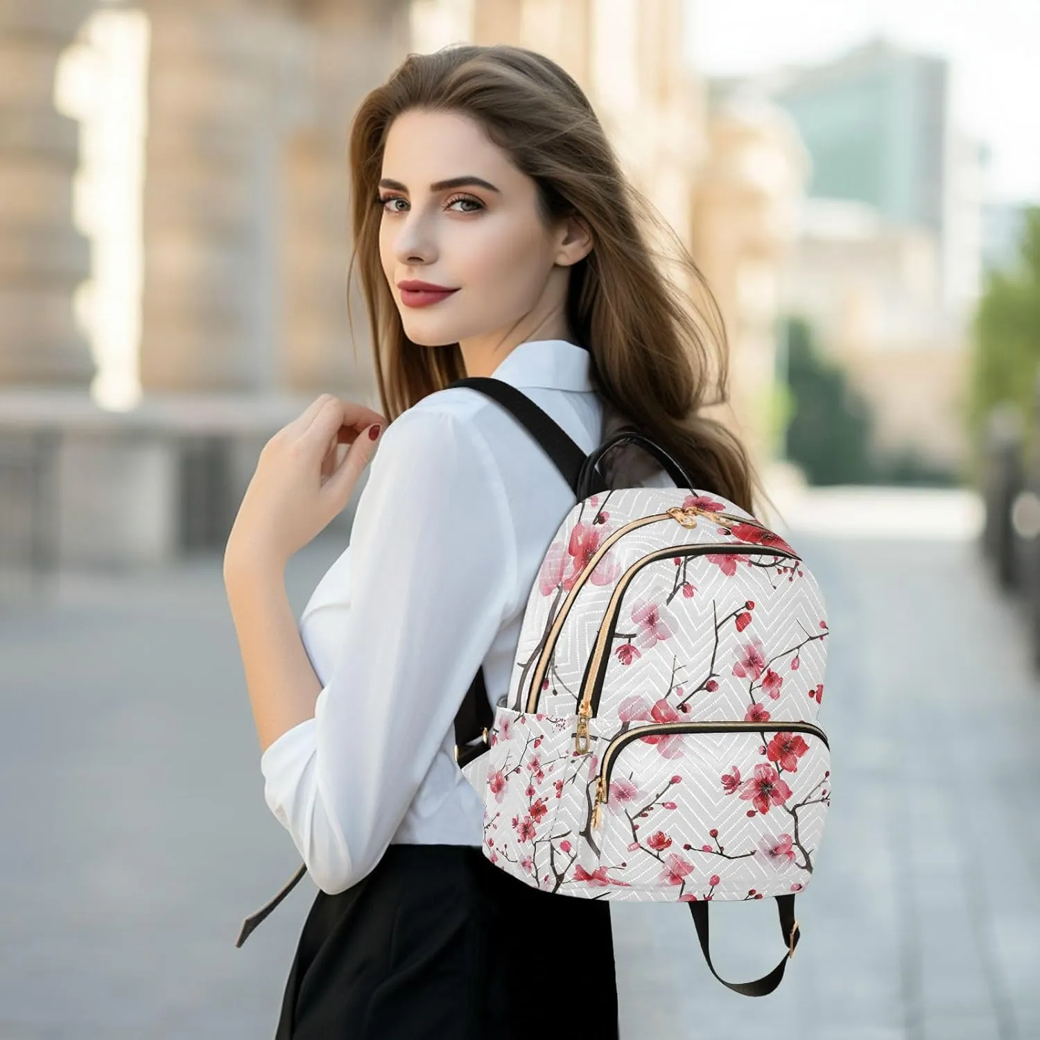 ALAZA Cherry Blossoms Pink Red Mini Backpack Purse for Women Travel Bag Lightweight Shoulder Bag Fashion Daypack