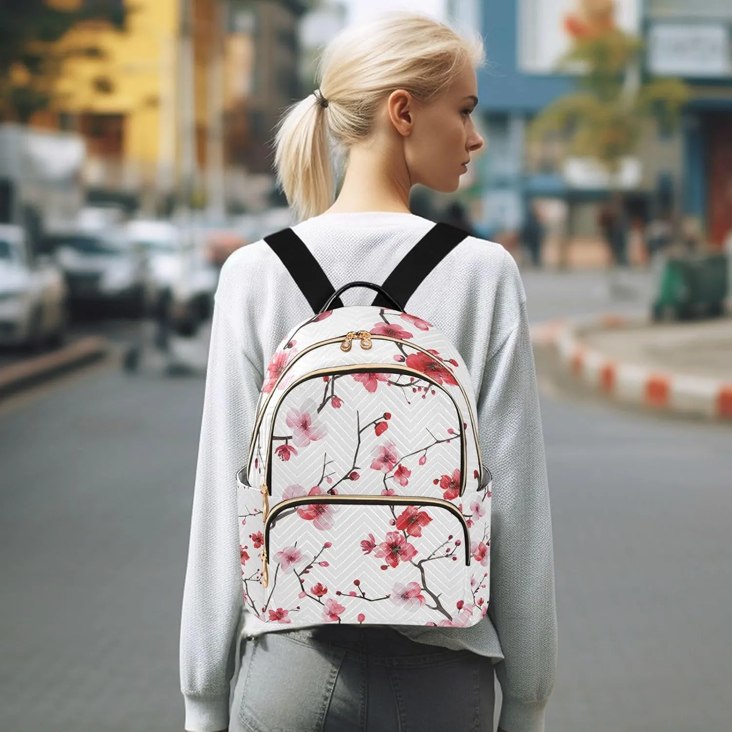 ALAZA Cherry Blossoms Pink Red Mini Backpack Purse for Women Travel Bag Lightweight Shoulder Bag Fashion Daypack
