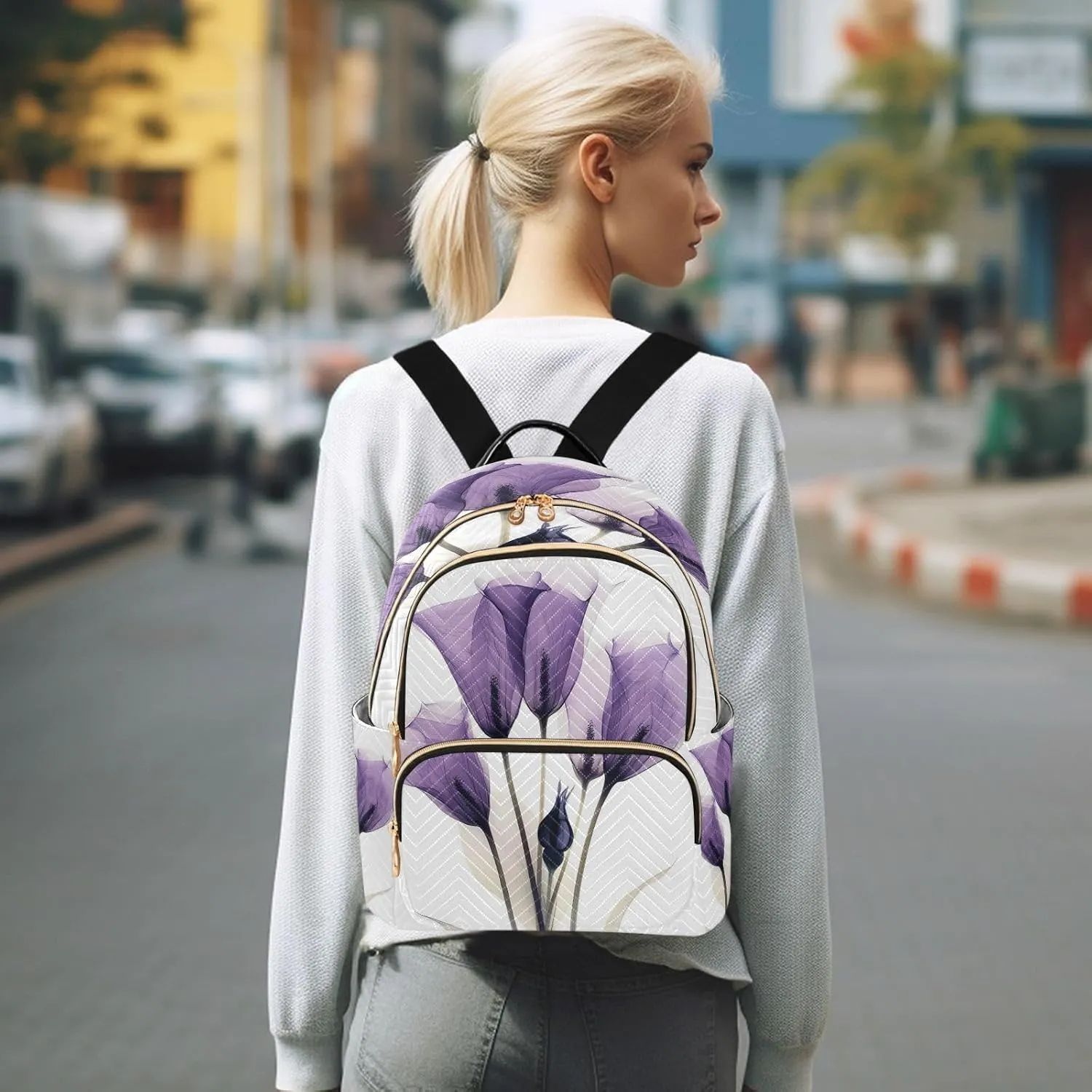 ALAZA Purple Tulip Flowers Mini Backpack Purse for Women Travel Bag Lightweight Shoulder Bag Fashion Daypack