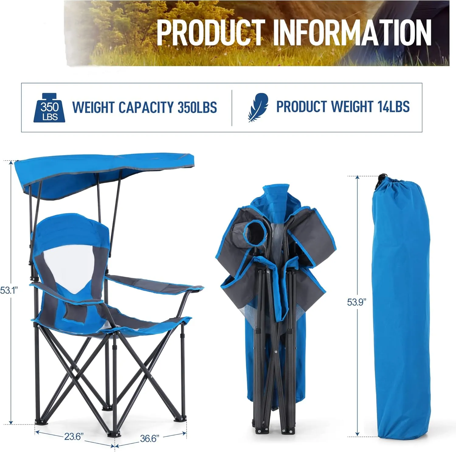 ALPHA CAMP Camp Chair with Shade Canopy Folding Camping Chair with Cup Holder and Carry Bag for Outdoor Camping Hiking Beach, Heavy Duty 300 LBS, Royal Blue