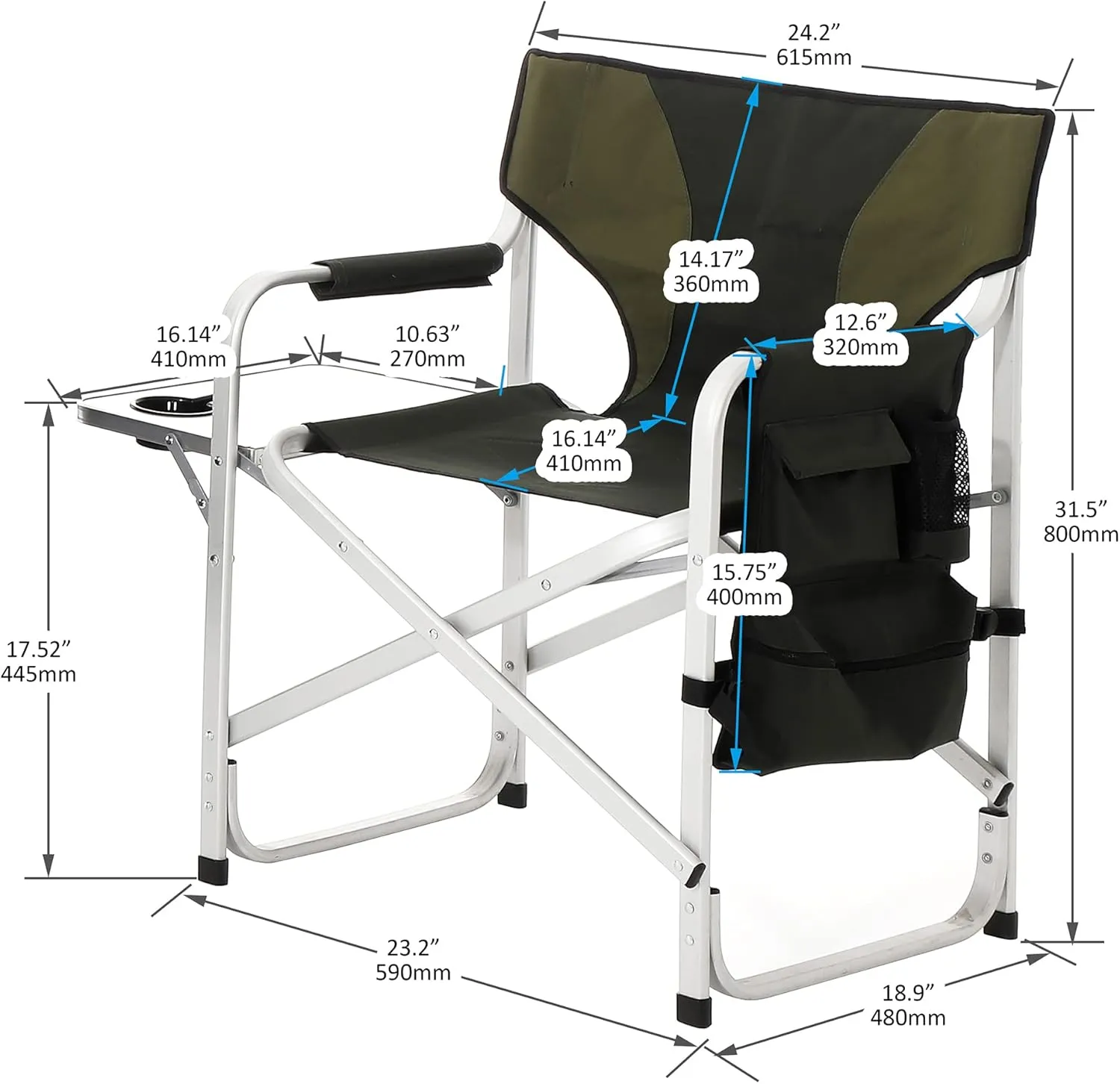 Aluminum Oversized Director Chair, Lightweight Outdoor Folding Camping Chair with 400lbs Weight Capacity, Featuring Foldable Side Table and Detachable Side Bag, Chair Portable (Green)